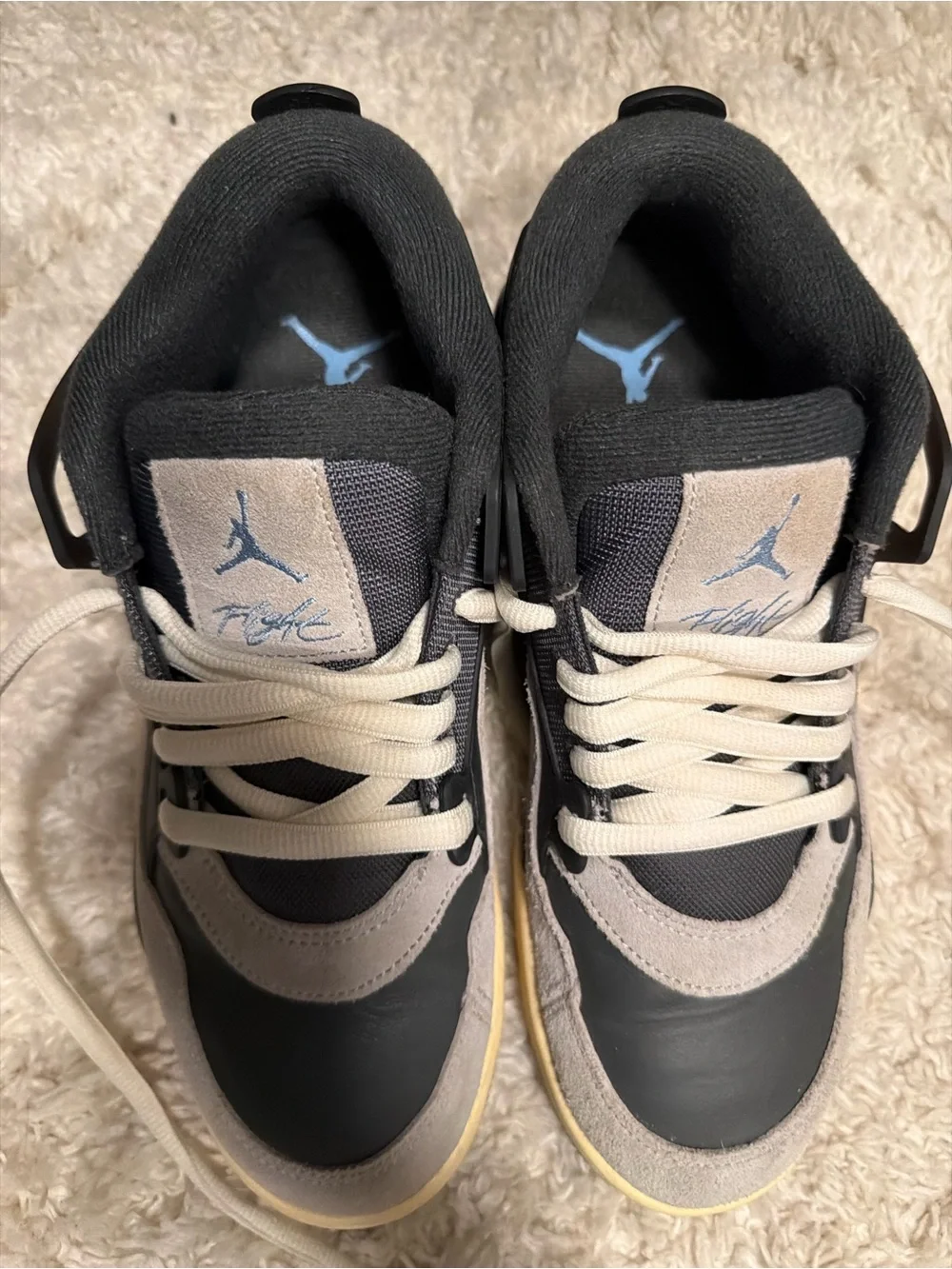 Jordan men’s Low-Top Sneakers in Black, Gray and Cream with Light Blue Jumpman